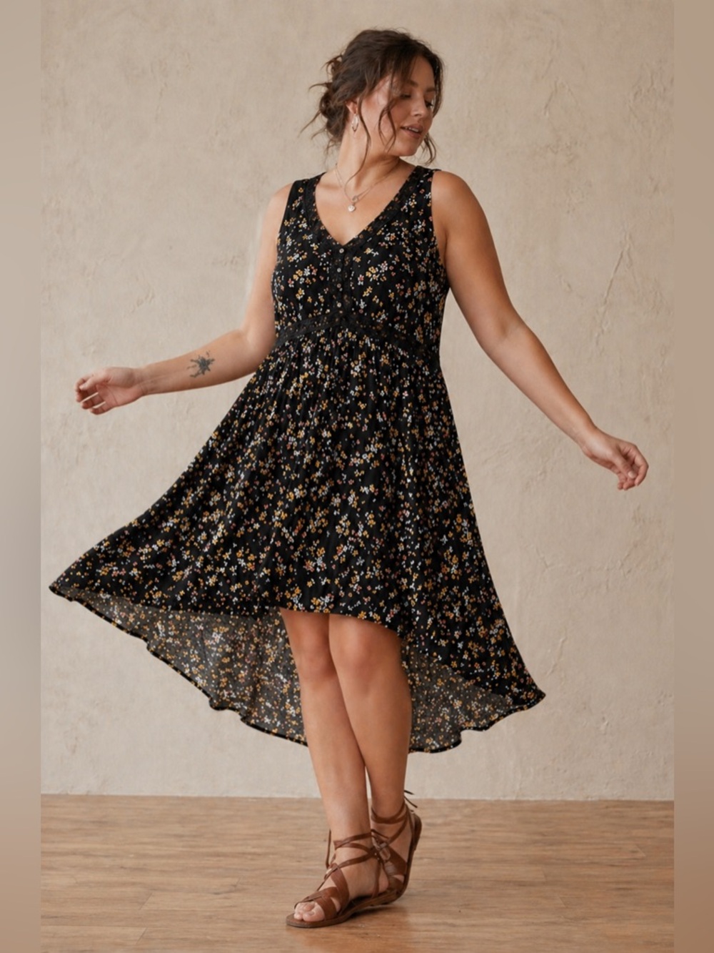 Torrid Floral High Low Midi Dress Boho Empire Waist Flowy 1X Lagenlook Festival